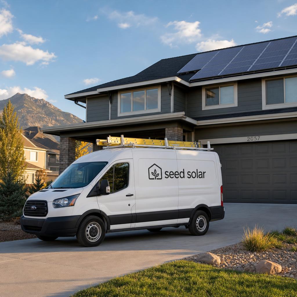 Seed Solar van parked in a driveway during an installation